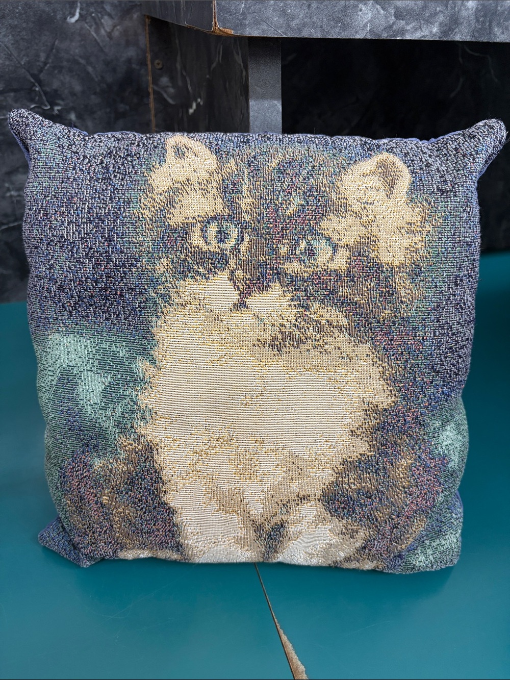 Cream & Blue Cat Tapestry Pillow for Pets
